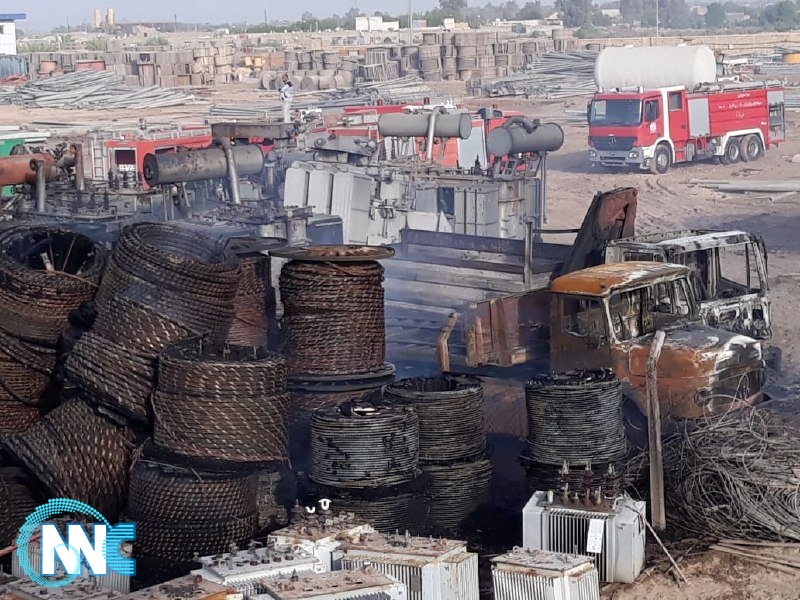 ثمانية فرق اطفاء تشارك في اخماد حريق مخازن الكهرباء شمال الناصرية